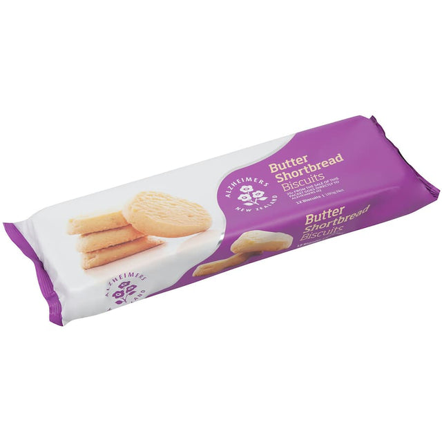 Delicious buttery shortbread from NZ, supporting Alzheimer's NZ with each purchase, ideal for sharing or gifting.