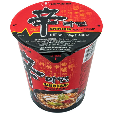 Nong Shim Shin Ramyun instant noodles cup with spicy beef flavor, perfect for quick and satisfying meals anywhere.