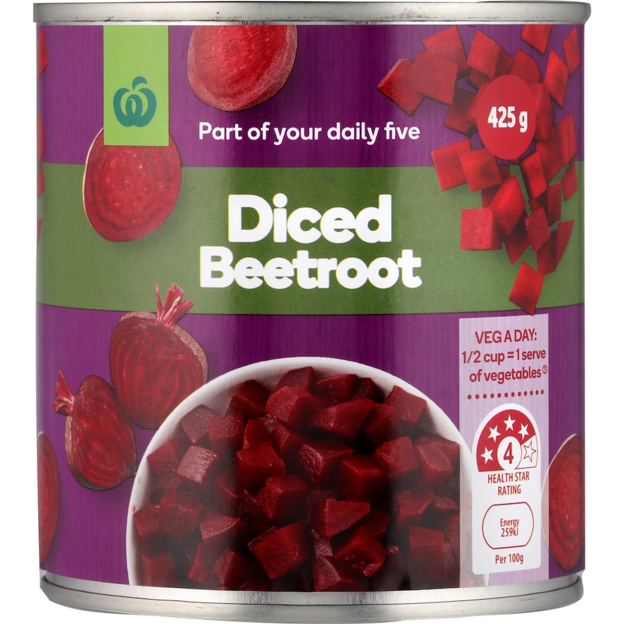 Diced beetroot cubes from Woolworths, perfect for enhancing salads and soups with vibrant color and nutrients.