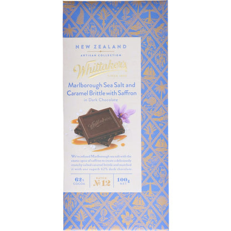 Dark chocolate block featuring crunchy caramel brittle and Marlborough sea salt, a gourmet treat for chocolate lovers.