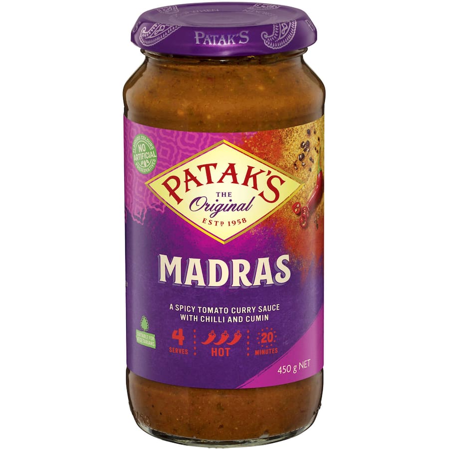 "Patak's Madras Simmer Sauce: a spicy, aromatic tomato curry sauce for quick, authentic Indian meals in just 20 minutes."