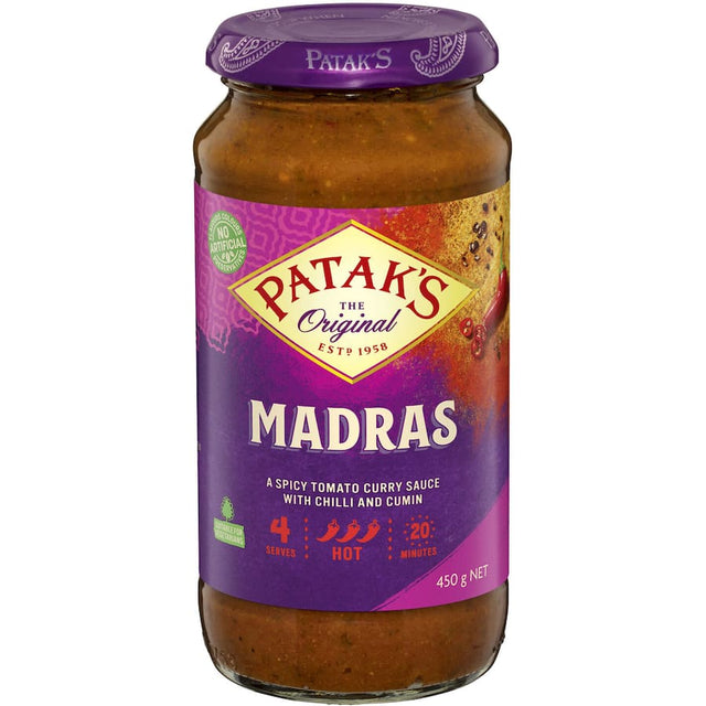 "Patak's Madras Simmer Sauce: a spicy, aromatic tomato curry sauce for quick, authentic Indian meals in just 20 minutes."