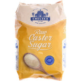 Golden Chelsea Caster Sugar Raw in a bag, featuring fine crystals ideal for baking and sweetening with a subtle honey flavor.