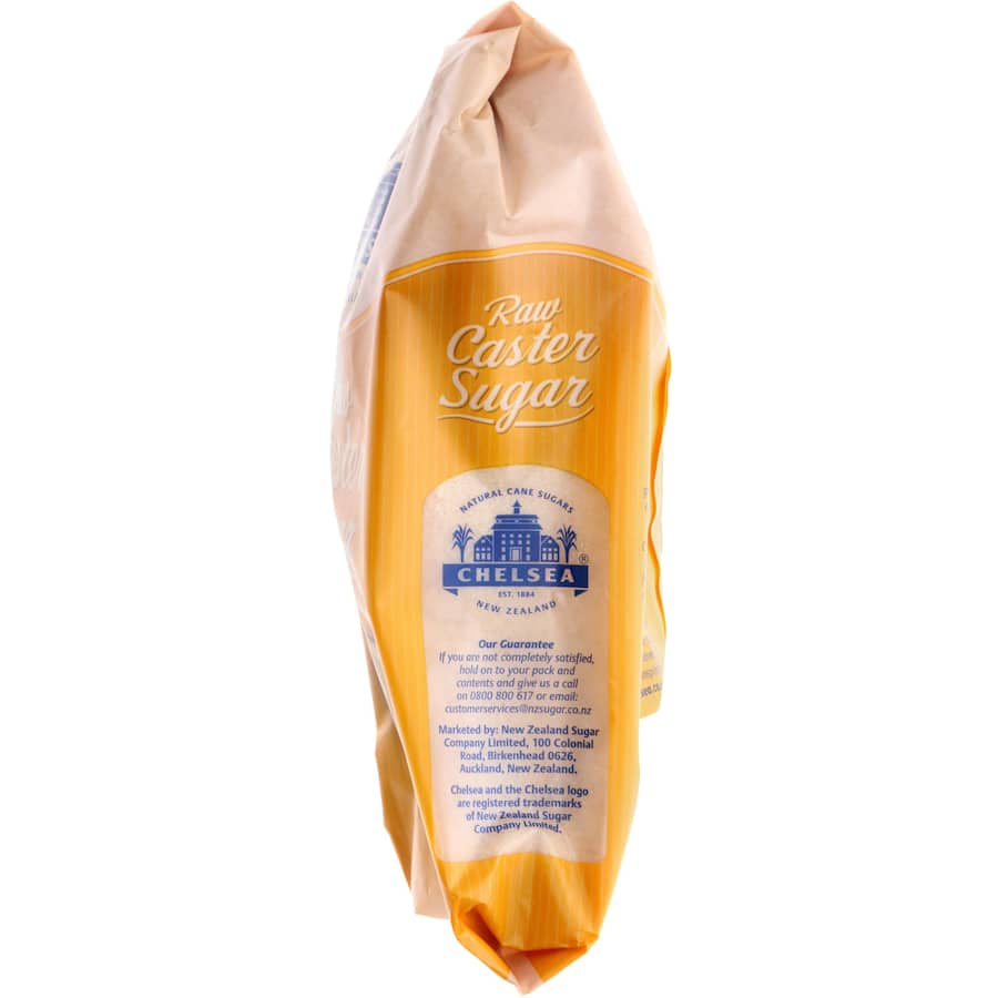 Chelsea Caster Sugar Raw in golden crystals, perfect for baking with a honey-like sweetness and effortless dissolving.