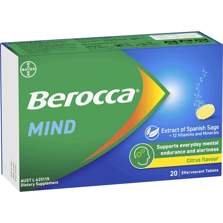 Effervescent tablet of Berocca Mind in citrus flavor, designed to boost cognitive performance with vitamins and Spanish Sage extract.