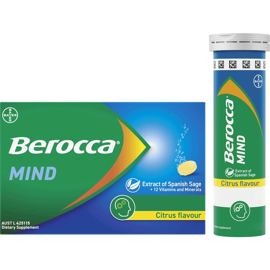 Effervescent citrus tablet blend for cognitive health, featuring Spanish Sage and 12 key vitamins for mental clarity.