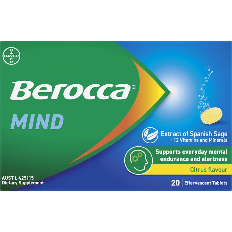 Effervescent citrus flavored supplement with Spanish Sage and 12 vitamins for enhanced mental clarity and focus.