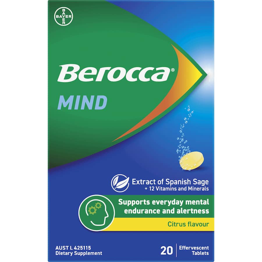Effervescent citrus tablet for cognitive support, enhancing focus with vitamins, minerals, and Spanish Sage extract.
