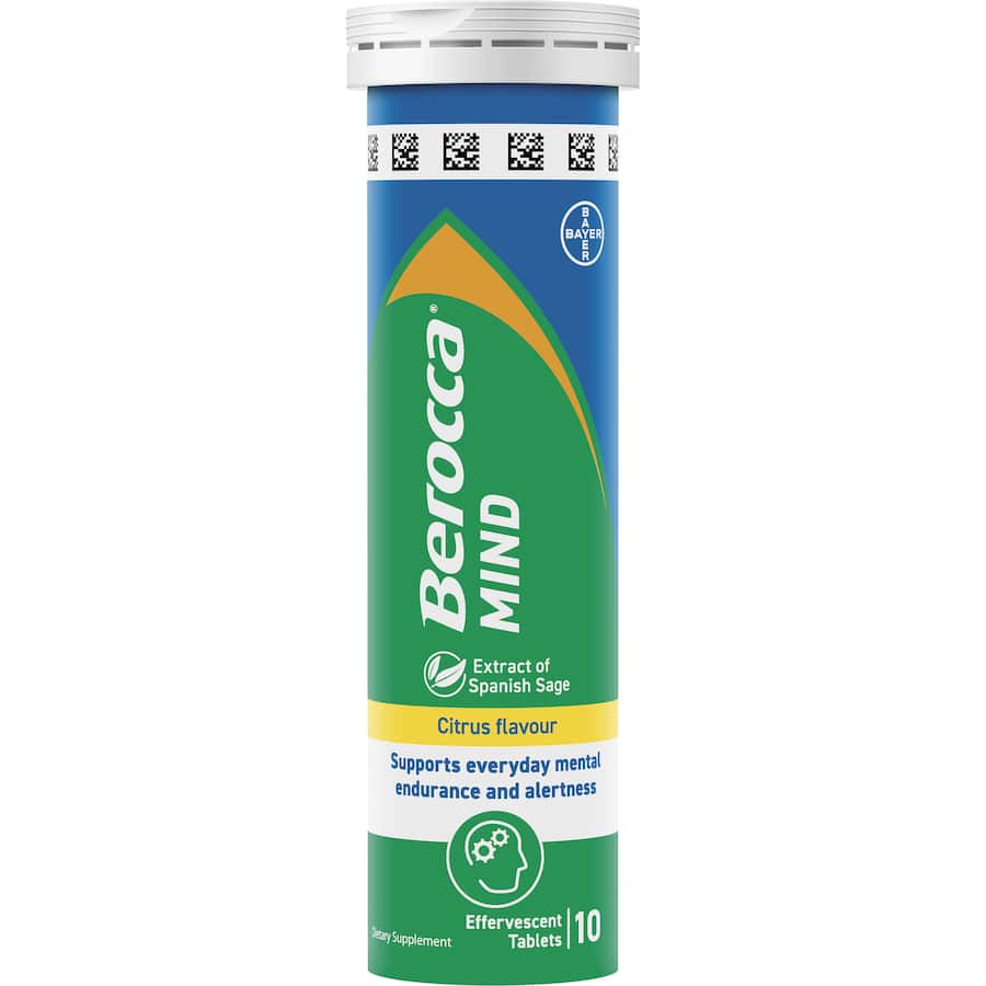 Effervescent citrus tablet promoting cognitive health with vitamins, minerals, and Spanish Sage for improved focus and clarity.