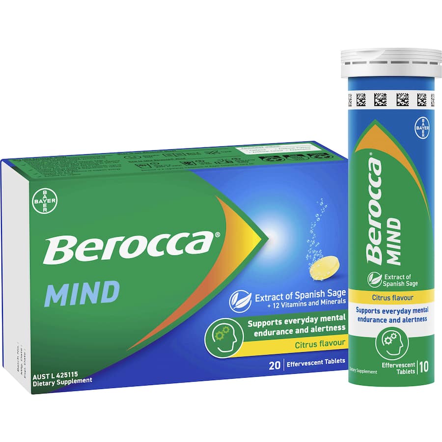 Effervescent tablet with citrus flavor, packed with vitamins and Spanish Sage for enhanced mental focus and performance.