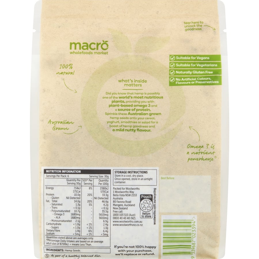 Macro Hemp Seeds in a package, showcasing nutrient-rich, Australian-grown seeds ideal for smoothies and healthy meals.