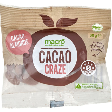 Cacao-covered almonds offering a rich chocolatey snack, packed with fiber and protein for a healthy indulgence.