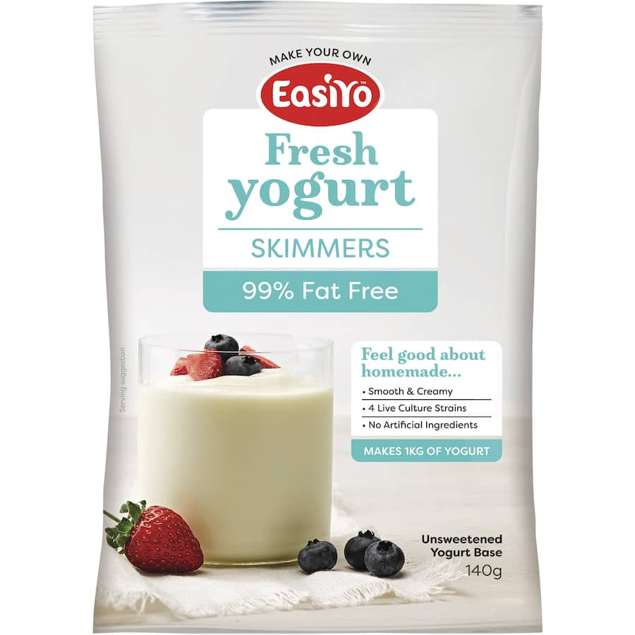 Easiyo Yoghurt Base Plain Skimmers No Fat, a 1kg mix for creamy non-fat yogurt, enriched with essential acidophilus.