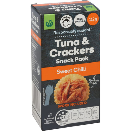 Woolworths Tuna & Crackers Sweet Chilli snack pack featuring skipjack tuna and crunchy crackers with sweet chili flavor.