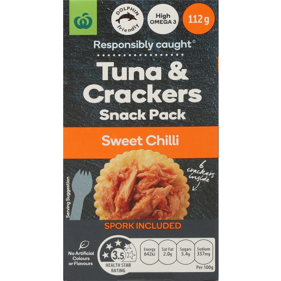 Woolworths Tuna & Crackers Sweet Chilli features savory tuna and crunchy crackers, perfect for nutritious snacking on-the-go.