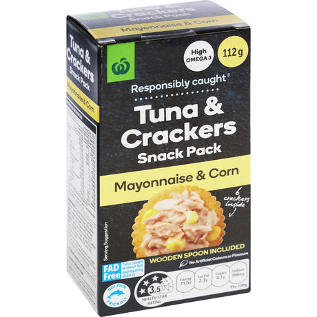 Convenient Woolworths tuna with mayo and corn paired with crunchy crackers in a 112g pack, perfect for quick snacking.