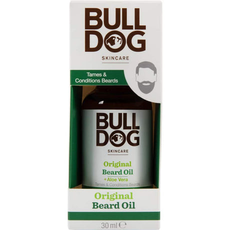 Bulldog Beard Care Original Oil bottle showcasing natural ingredients for soft, manageable beards with a refreshing scent.