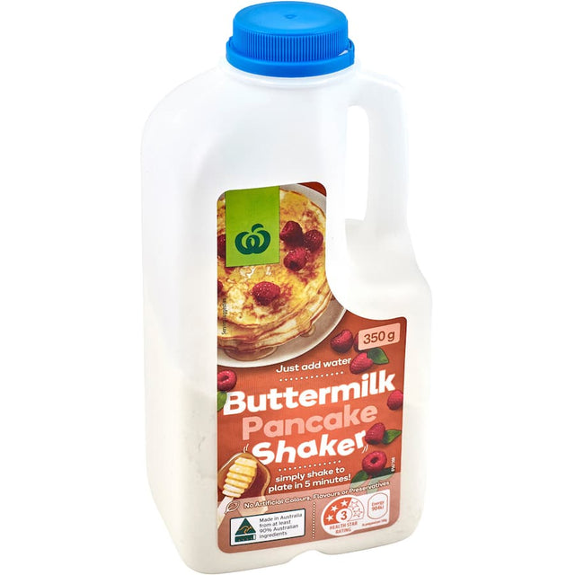 Woolworths Buttermilk Pancake Mix, a convenient blend for fluffy, homemade pancakes ready in minutes with just water.