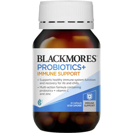 Blackmores Probiotics+ Immune Support capsules featuring 20 billion probiotics, vitamins, and zinc for enhanced immune health.