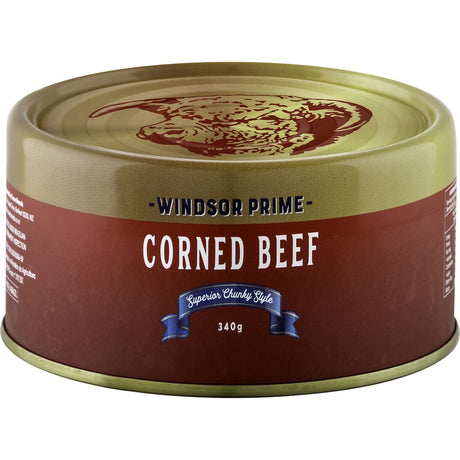 Windsor Corned Beef Prime, premium chunky style, rich flavor, perfect for sandwiches, salads, and traditional dishes.