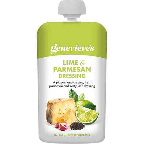 Genevieve's Salad Dressing Lime & Parmesan, a zesty dressing with lime and Parmesan for vibrant salads and marinades.