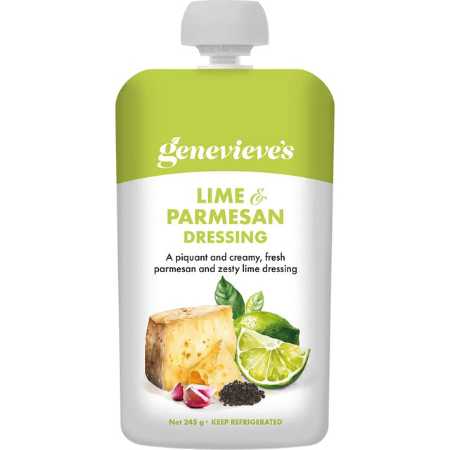 Genevieve's Salad Dressing Lime & Parmesan, a zesty dressing with lime and Parmesan for vibrant salads and marinades.