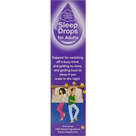 "Sleepdrops Sleep Assistance for Adults, a natural liquid formula for faster sleep, relaxation, and no drowsy aftereffects."