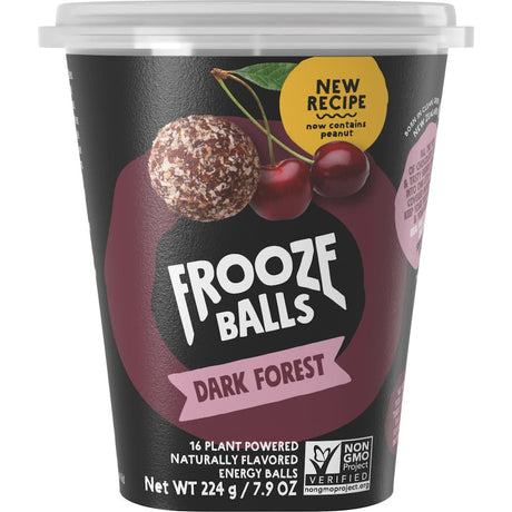 Coconut-coated Frooze Balls with rich chocolate and berry flavor, perfect for a healthy snack on-the-go.