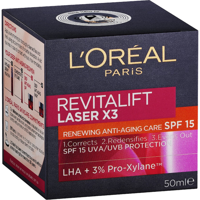 L'Oreal Paris Revitalift Day Cream Laser X 3 SPF 15, anti-aging moisturizer with Pro-Xylan and LHA for youthful, even skin.