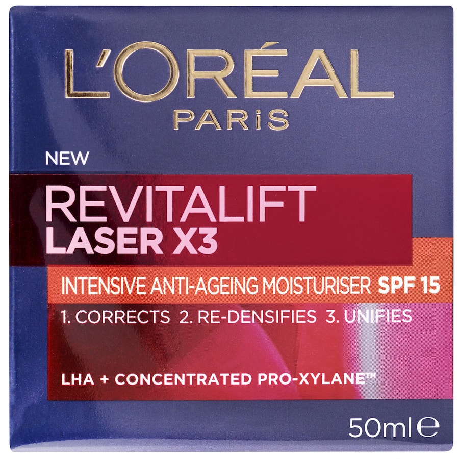 L'Oreal Paris Revitalift Day Cream Laser X 3 SPF 15, an anti-aging moisturizer that firms skin and evens tone with UV protection.