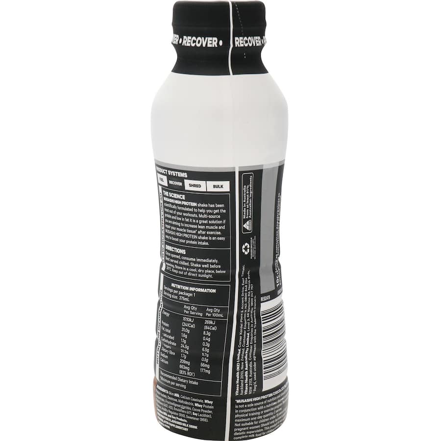 Musashi High Protein Shake in Iced Chocolate, featuring 30g protein, low fat, and high calcium for post-workout recovery.