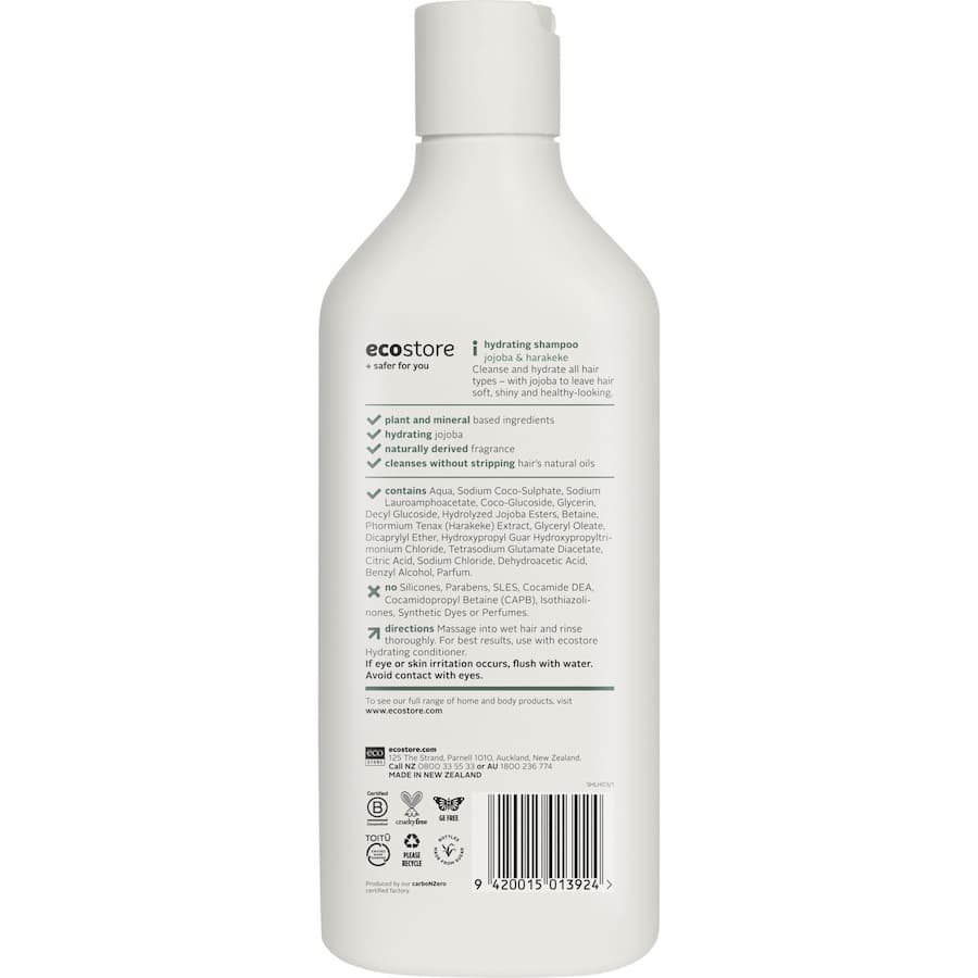 Ecostore Shampoo Hydrating bottle, eco-friendly formula for soft, shiny hair, made from renewable sugar plastic.