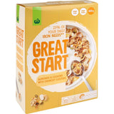 Woolworths Great Start Cereal Almond & Honey featuring crunchy clusters, almonds, and honey for a nutritious breakfast.