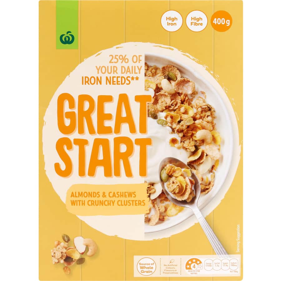 Woolworths Great Start Cereal with almonds and honey, featuring crunchy clusters and nutty flavors for a nutritious breakfast.