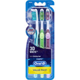 Oral B Medium 3D White toothbrushes in a value pack, designed for effective plaque removal and brighter smiles.