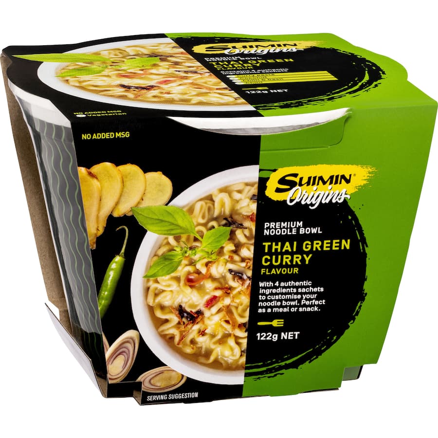 Suimin Instant Noodles Thai Green Curry Box with aromatic spices, ready in 3 minutes for a quick, flavorful meal option.