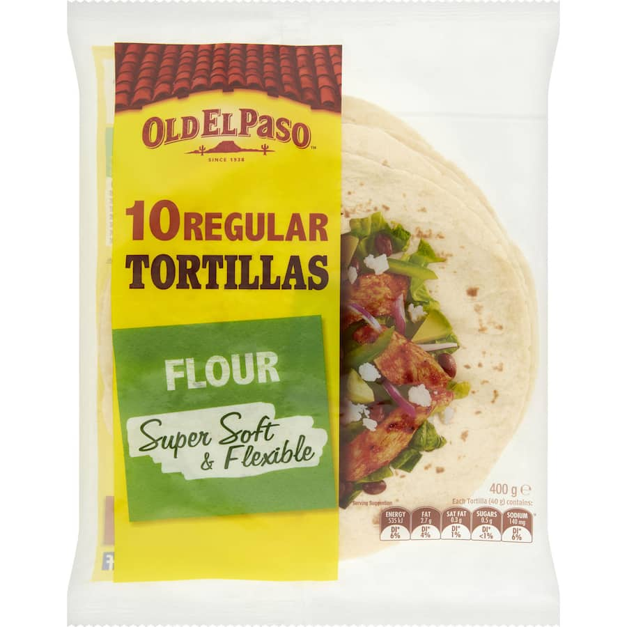 Soft flour tortillas by Old El Paso, ideal for burritos, fajitas, and wraps for delicious family meals.