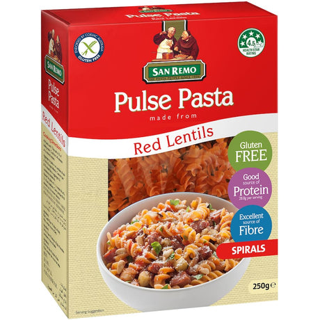 San Remo Pulse Pasta Spirals made from 100% red lentil flour, gluten-free, protein-rich, and cooks in 8-10 minutes.