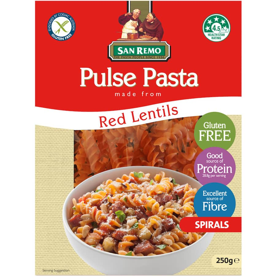 Gluten-free red lentil pasta spirals, rich in protein and fiber, ideal for healthy cooking in just 8-10 minutes.