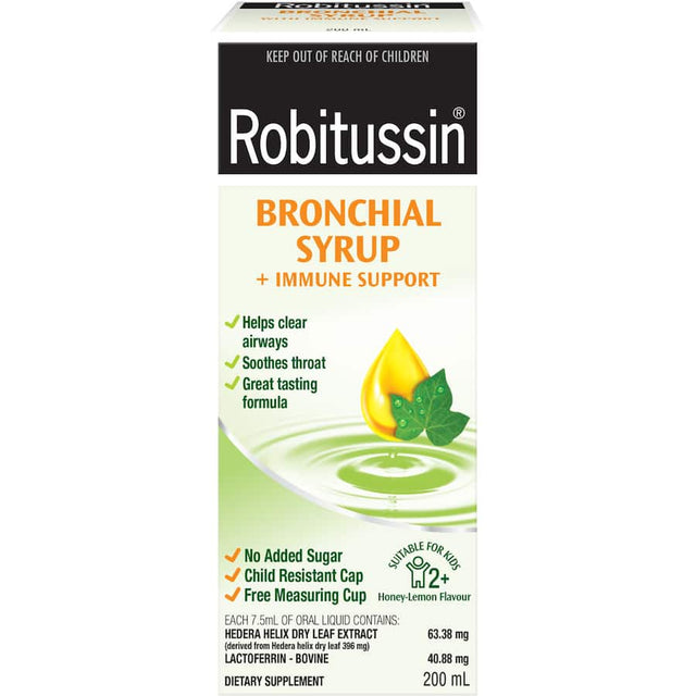 Robitussin Immune Support Bronchial Syrup bottle, designed for respiratory health and immune support with natural ingredients.