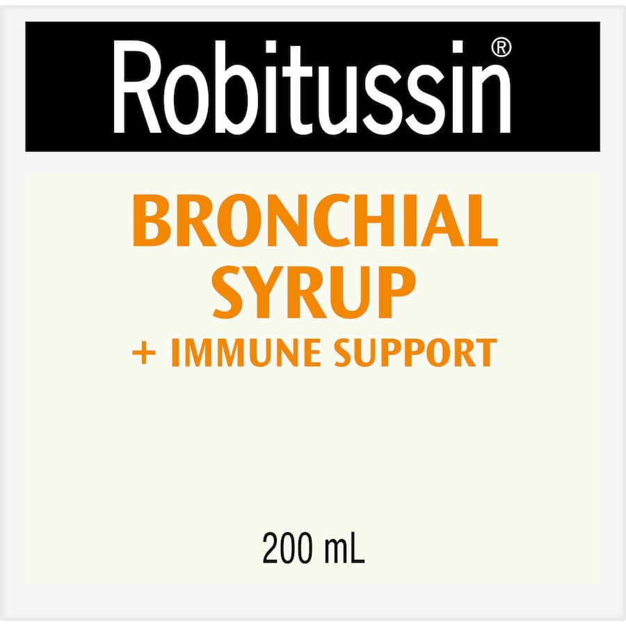 Robitussin Immune Support Bronchial Syrup bottle, designed to soothe coughs and support respiratory and immune health.