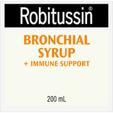 Robitussin Immune Support Bronchial Syrup bottle, designed to soothe coughs and support respiratory and immune health.