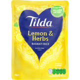 Tilda Steamed Rice Lemon & Herbs in a pouch, featuring zesty basmati rice infused with lemon and herbs, ready in minutes.