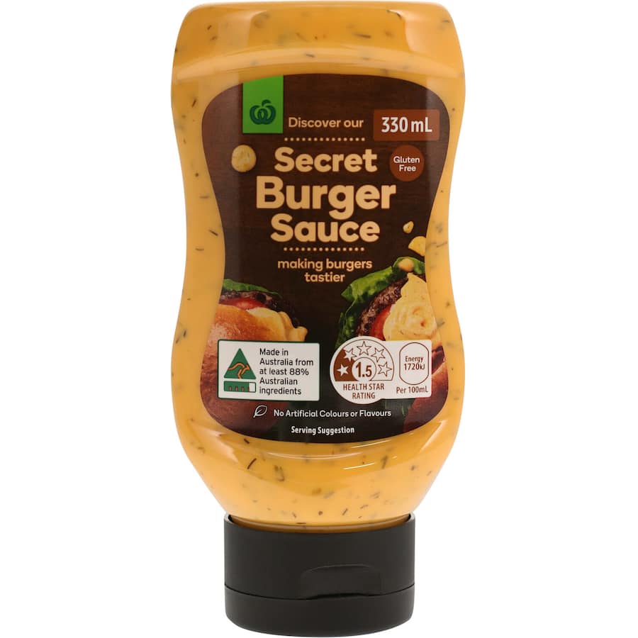 Woolworths Burger Sauce Secret: a premium, gluten-free condiment with gherkin, Dijon mustard, and free-range eggs for flavorful burgers.