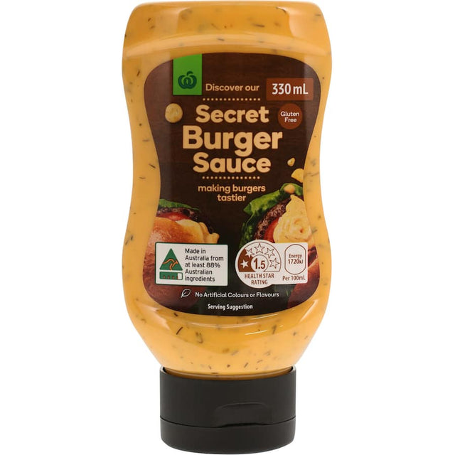 Woolworths Burger Sauce Secret: a premium, gluten-free condiment with gherkin, Dijon mustard, and free-range eggs for flavorful burgers.