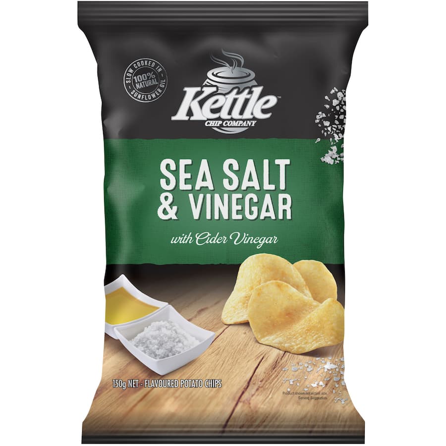 Kettle Chip Company Sea Salt & Vinegar chips featuring a satisfying crunch and tangy flavor from quality New Zealand potatoes.