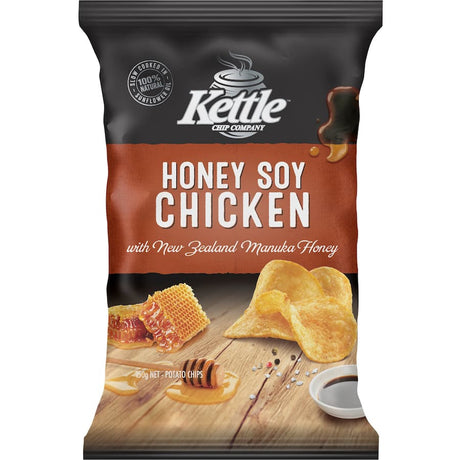 Crispy kettle chips featuring a unique honey soy chicken flavor, made from premium New Zealand potatoes and gluten-free ingredients.