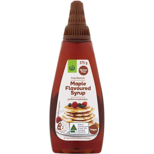 Woolworths Maple Syrup Flavoured Squeeze Bottle, 375g, ideal for drizzling on pancakes and enhancing desserts with sweet maple flavor.