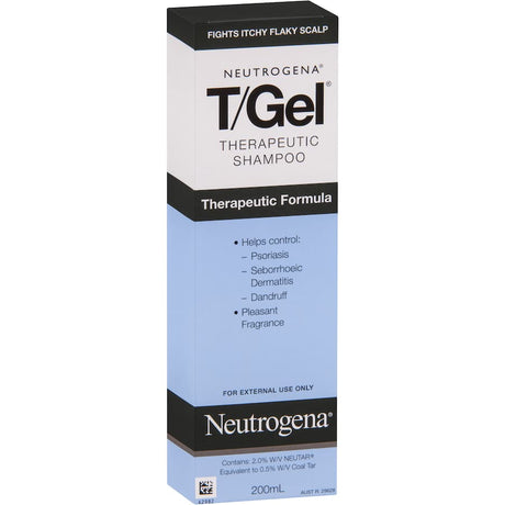 Neutrogena T/Gel Shampoo bottle designed to soothe itchy, flaky scalp, effective for dandruff and psoriasis with a pleasant fragrance.