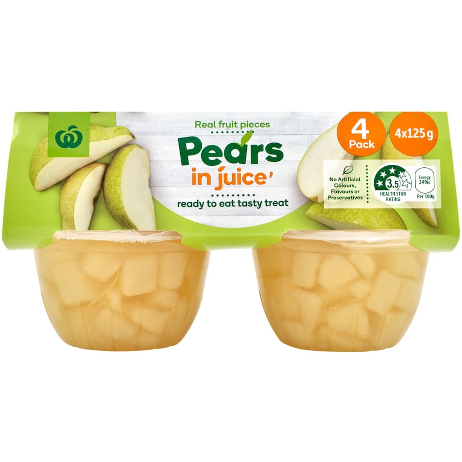 Woolworths Fruit Snack Pears in Juice, featuring real pear slices in juice, perfect for a healthy and tasty on-the-go treat.